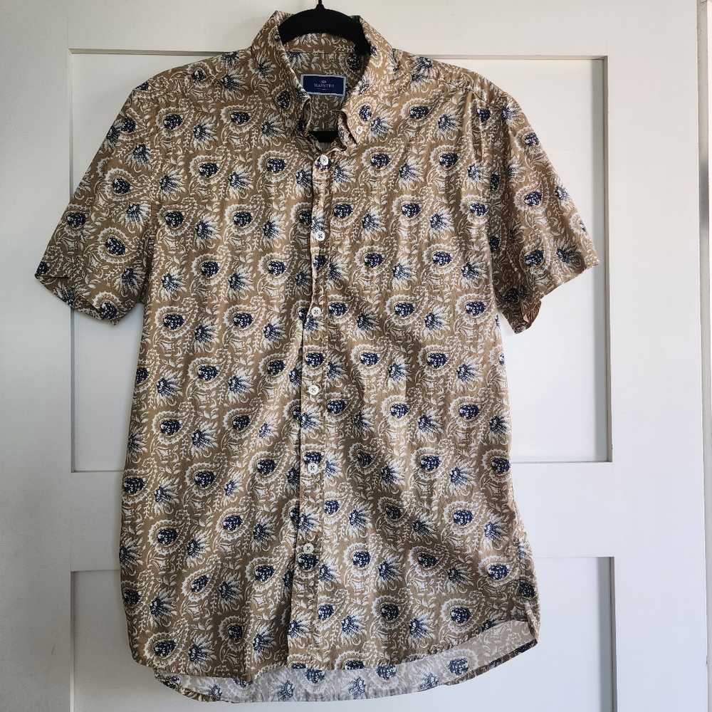 Men's Casual Shirt with Tan and Blue Paisley Design